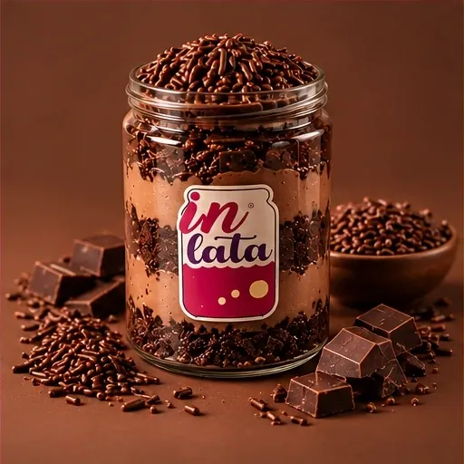 Bolo na lata Brigadeiro, com suas camadas e a embalagem In Lata