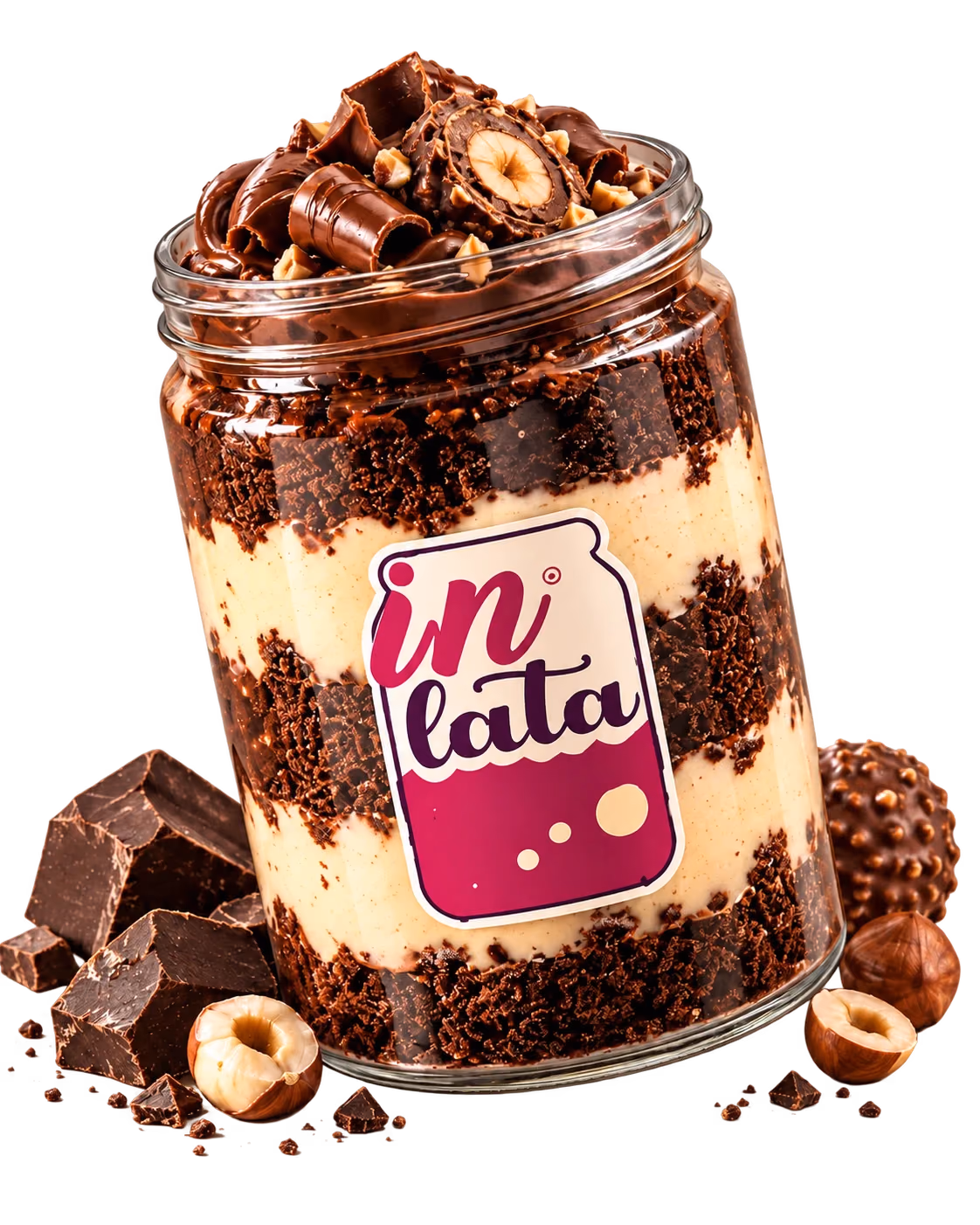 Imagem ilustrativa de bolo na lata da inLata, com camadas e cobertura de chocolate